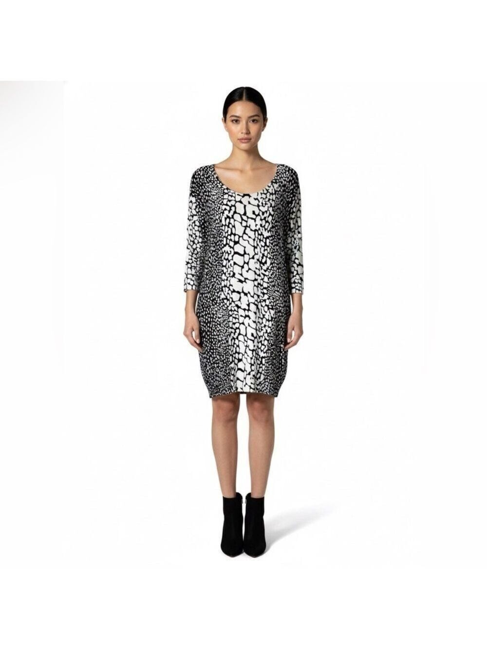 REISS Cotton Blend Black & White Animal Print Sweater Dress 3/4 Sleeves US Sz XS